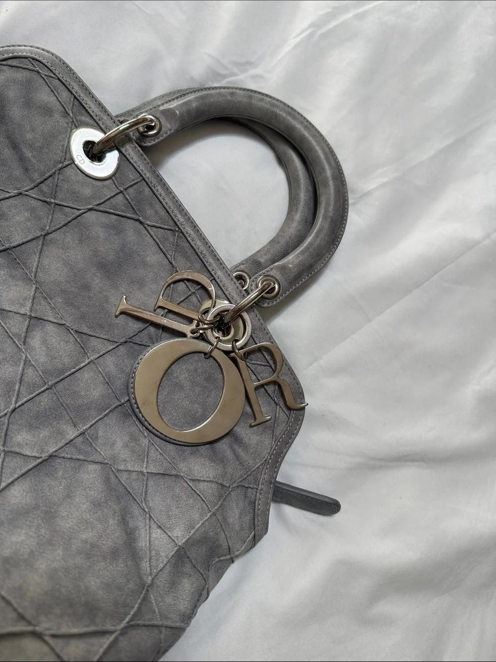 Dior Grey Quilted Top-Handle Satchel with Silver Hardware